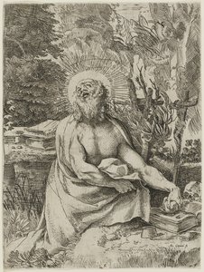 Św. Hieronim na pustyni, ok. 1591 (akwaforta z grawerem na papierze wykładanym, iiiiv) autorstwa Annibale Carracci