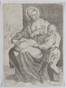 Siedząca Dziewica trzymająca poduszkę na kolanach z młodym Chrystusem stojącym po prawej..., 1580-1600. autorstwa Annibale Carracci