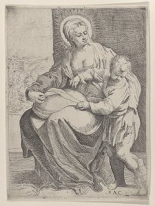 Siedząca Dziewica trzymająca poduszkę na kolanach z młodym Chrystusem stojącym po prawej..., 1580-1600. autorstwa Annibale Carracci