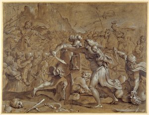 Bitwa Rzymian z Sabinami (pióro i atrament z wash i gwasz na papierze) autorstwa Annibale Carracci