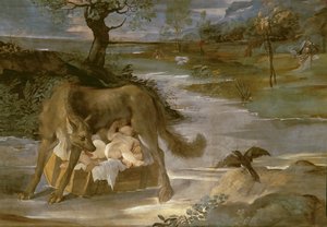 Wilczyca karmiąca Romulusa i Remusa, z cyklu Historia Romulusa, ok. 1590 autorstwa Annibale Copy Carracci