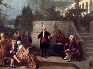 Włoski dramaturg Carlo Goldoni (1707-1793) deklaruje sonet przed członkami Colonia Alfea (odpowiednik Akademii Arkadii w Pizie) w Ogrodzie Scotto w Pizie Obraz Annibale Gatti (1828 - 1909) autorstwa Annibale Gatti