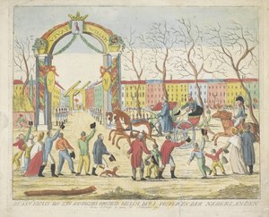 Przybycie księcia Orańskiego w Hadze, 1813 Przybycie Jego Królewskiej Wysokości Willema den 1 souveryn der Nederlanden benne S: Hage 30 listopada 1813 (tytuł na obiekcie) autorstwa Anonymous
