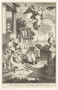 Alegoria Delft Opis Delft (tytuł na obiekcie) Strona tytułowa dla: S.n., Beschryving der stadt Delft, 1729 autorstwa Anonymous