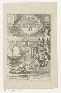 Ambrosius Theodosius Macrobius leunend op steen naast globe Złoto Teod. Macrobius Opera Cum Notis (tytuł na obiekcie) Titelpagina voor: Ambrosius Theodosius Macrobius, Aur. Teodozjusz Makrobiusz V. Cl. i dzieła wybitne, 1694 autorstwa Anonymous
