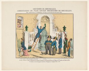 Aresztowanie Manneken Pis, 1845 Pamiątka z Brukseli. Aresztowanie najstarszego burżua w Brukseli. Za naruszenie Rozporządzenia Policyjnego w sprawie sikarzy z 1845 r. (tytuł na przedmiocie) autorstwa Anonymous
