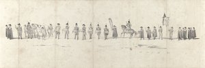 Pogrzeb zmarłego króla Willema II w Delft 4 kwietnia 1849 r. (strona 3) Pięć sąsiadujących ze sobą arkuszy konduktu pogrzebowego Wilhelma II w 1849 r. (tytuł serii) autorstwa Anonymous