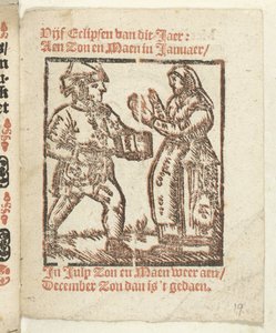 Strona ze stojącymi postaciami handlarza i kobiety, 1712 W którym Lidt de Maen jest / gdzie umrzesz / zostaw nago, chyba że jest to wielka notatka; Als Peste / Pleures is / ende sulck quaet / oock niet sonder des Meestersraet (tytuł obiektu) autorstwa Anonymous