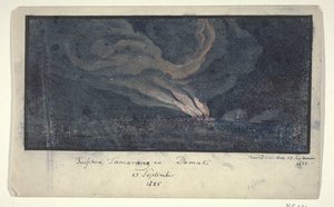 Pożar w krajobrazie na Jawie Środkowej, 1825 Między Samarang a Damak / 13 września 1825 (tytuł na obiekcie) autorstwa Anonymous