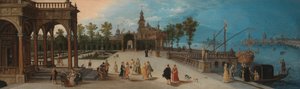 Impreza taneczna na dziedzińcu wyimaginowanego pałacu z widokiem Capriccio na Wenecję w oddali autorstwa Anonymous
