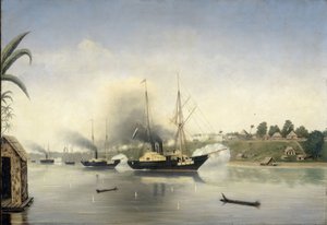 Ostrzelanie Kratonu sułtana Djambi przez rządowe okręty „Celebes”, „Admiraal van Kinsbergen” i „Onrust” 8 września 1858 r. autorstwa Anonymous