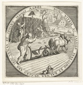 De Maand Maart, Ploegen, ca. 1600 De twaalf maanden van het jaar verbeeld in scènes uit het volksleven (tytuł serii) Schematy 12 miesięcy z ich operacjami i ich zastosowaniem do znaków zodiaku, podzielone na cztery części roku (tytuł serii na obiekcie) autorstwa Anonymous