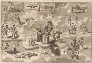 Pokonany akcjonista na dzwoniącym fotelu, 1720 Pokonany akcjonista na krześle z Rinkelsem za namową konia trojańskiego Lauwerda (tytuł na obiekcie) Wielka scena szaleństwa (tytuł serii) autorstwa Anonymous
