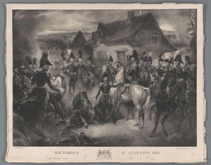 Wymiana rannego konia księcia Orańskiego (późniejszego króla Wilhelma II) podczas bitwy pod Boutersem, 12 sierpnia 1831 r. Bautersem 12 sierpnia 1831 (tytuł na obiekcie) autorstwa Anonymous