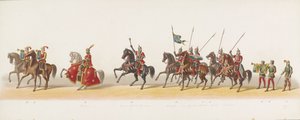 Procesja Delft z 1873 r. (trzecia płyta) Procesja w kostiumach prowadzona przez członków Korpusu Studenckiego Delft w dniu 8 lipca 1873 r., przedstawiająca wjazd księcia Gelre, księcia Gelre, hrabiego Zutphen, Karela van Egmonda, do Arnhem w 1492 r. (seria autorstwa Anonymous