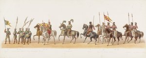 Procesja Delft z 1873 r. (czwarta płyta) Procesja w kostiumach prowadzona przez członków Korpusu Studenckiego Delft w dniu 8 lipca 1873 r., przedstawiająca wjazd księcia Gelre, księcia Gelre, hrabiego Zutphen, Karela van Egmonda, do Arnhem w 1492 r. (seria autorstwa Anonymous