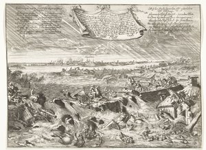 Dijkdoorbraak niedaleko Coevorden, 1673 Rysunek jak i w jakiej formie, dekretem biskupa Munster (...) (tytuł na obiekcie) autorstwa Anonymous