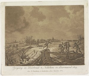 Przełamanie grobli w Kedichem, 1809 Ysgang i Doorbraak te Kedichem w Louwmaand 1809 (tytuł na obiekcie) autorstwa Anonymous