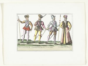 Trzech hiszpańskich żołnierzy w mundurach i handlarz, ok. 1580 Kostiumy wojskowe Espagnols (tytuł na obiekcie) autorstwa Anonymous