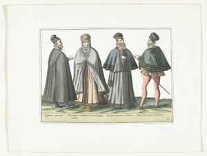 Trzej mężczyźni i kobieta ubrani w obcą modę, ok. 1580 Modes étrangeres (tytuł na obiekcie) autorstwa Anonymous