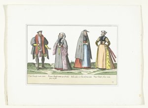 Trzy kobiety i mężczyzna ubrany w niemiecką modę, ok. 1580 Kostiumy Allemands (tytuł na obiekcie) autorstwa Anonymous