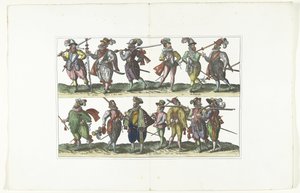 Podwójna płyta z trzynastoma uzbrojonymi cywilami w mundurach według mody w Antwerpii, ok. 1580 Bourgeois d