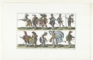 Podwójna płyta z jedenastoma uzbrojonymi cywilami w mundurach według mody w Antwerpii, ok. 1580 Bourgeois d