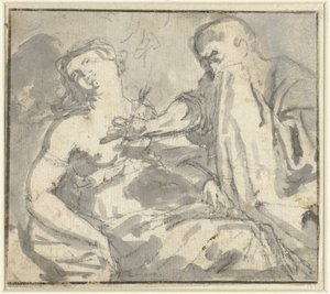 Mężczyzna usuwa strzałę z piersi kobiety (Cephalus i Procris?) autorstwa Anonymous