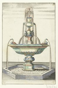 Fontanna składająca się z trzech basenów Architectura Curiosa Nova (tytuł serii) autorstwa Anonymous
