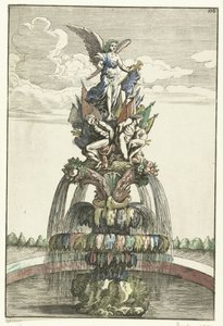 Fontanna z posągiem Wiktorii Architectura Curiosa Nova (tytuł serii) autorstwa Anonymous
