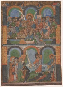 Fragment księgi liturgicznej: Ostatnia wieczerza i trzy kobiety przy pustym grobie autorstwa Anonymous