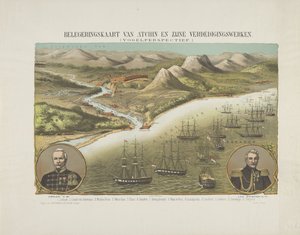 Widok Acehu podczas Drugiej Ekspedycji Aceh, 1873-1874 Mapa oblężenia Atchina i jego sił obronnych. (Widok z lotu ptaka.) (tytuł na obiekcie) autorstwa Anonymous