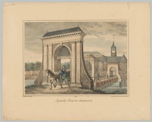 Widok na Leidsepoort w Amsterdamie Leydsche Poort w Amsterdamie (tytuł na obiekcie) Twarze sześciu głównych bram miasta Amsterdam. 1. Cahier (tytuł serii) autorstwa Anonymous