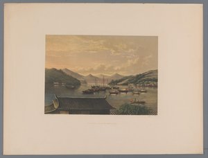 Gezicht op de baai van Nagasaki Widok w zatoce Nangasaki (tytuł na obiekcie) Pamiątka Japonii widoki z natury z tekstem hrabiego de Lijnden (tytuł serii na obiekcie) autorstwa Anonymous