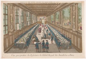 Widok na jadalnię Hôtel des Invalides w Paryżu z grupą jedzącą posiłek Vue perspective du refectoire de l