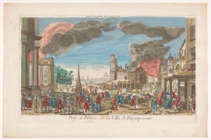 Widok zdobycia i grabieży Bergen op Zoom przez Francuzów w 1747 r. Pillage de Bergopzom (tytuł na obiekcie) autorstwa Anonymous