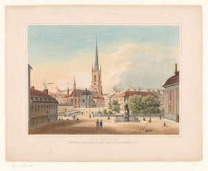 Widok kościoła Riddarholmen w Sztokholmie Sztokholm. Utsigt af Riddakholmen fran Riddarhustorget (tytuł obiektu) autorstwa Anonymous