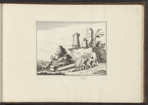 Widok ruin grobowca Horatii i Curatii w Rzymie Horatiorum et Curatiorum Sepulchrum (tytuł na obiekcie) Pałace i zabytki w Wenecji, Livorno, Neapolu i Rzymie (tytuł serii) autorstwa Anonymous