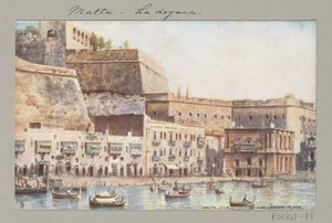 Widok na wybrzeże Malty z pomostem i budynkiem celnym Malta. Dom celny i miejsce lądowania (tytuł na obiekcie) autorstwa Anonymous