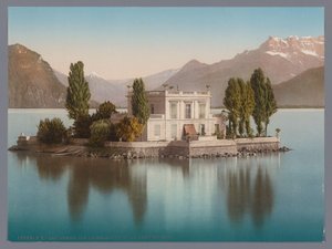 Widok Île de Salagnon w Jeziorze Genewskim, w tle Dents du Midi lac Léman, Ile de Salagnon et la Dent du Midi (tytuł na obiekcie) autorstwa Anonymous