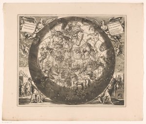 Mapa nieba z północnymi konstelacjami Haemisphaerium stellatum boreale cum subiecto haemisphaerio terrestri (tytuł na obiekcie) autorstwa Anonymous