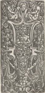W środku satyr na mężczyźnie z dużą maską Dekoracje powierzchniowe z groteskami w scrollworku (tytuł serii) autorstwa Anonymous