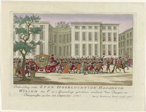 Wyprzedzanie księcia Orańskiego, 1787 Wyprzedzanie Zyne Serene Highness Willem den V. rysowany w Hadze przez Burgers i Burgeressen, 20 września 1787 (tytuł na obiekcie) Kolorowe niemieckie druki o wydarzeniach z autorstwa Anonymous