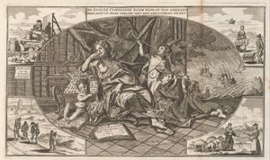 Skarga Kompanii Mórz Południowych, 1720 Kompania Zuidzé wznosi się na szczyt przez wiatr / Teraz opłakuje swoją utratę z zatroskanym stworzeniem (tytuł na obiekcie) Wielka scena szaleństwa (tytuł serii) autorstwa Anonymous