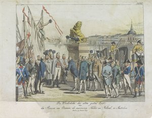 Komst van de Souverein Vorst te Amsterdam, 1813. Powrót starych dobrych czasów, (...) Książę Orański jako suwerenny książę Holandii w Amsterdamie (tytuł na obiekcie) autorstwa Anonymous