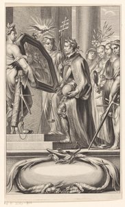 Sprawiedliwość i Wiara trzymają króla w lustrze Strona tytułowa dla: Petrus Belluga i Camillo Borello, Speculum principum, 1655 autorstwa Anonymous