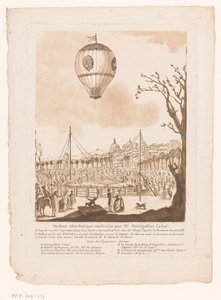 Luchtballon, Le Flezel, van Joseph-Michael Montgolfier Starszy buiten Lyon Maszyna aerostatyczna zbudowana przez pana Montgolfiera Starszego (tytuł na obiekcie) autorstwa Anonymous