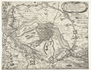 Maastricht zajęte przez Frederika Hendrika, 1632 Maestricht oblegany przez Fridericha Henricha Printzen von Orangien (...) dnia 9 czerwca 1632 r. Wzięty z Accortem 12 sierpnia 1632 r. (tytuł na obiekcie) autorstwa Anonymous