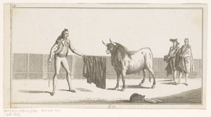 Matador rzuca wyzwanie bykowi Coleccion de las principales suertes de una corrida de toros (tytuł serii na obiekcie) Zbiór najważniejszych manewrów walki byków (tytuł serii) autorstwa Anonymous