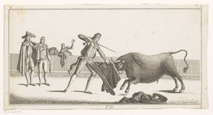 Matador rzuca wyzwanie bykowi Coleccion de las principales suertes de una corrida de toros (tytuł serii na obiekcie) Zbiór najważniejszych manewrów walki byków (tytuł serii) autorstwa Anonymous